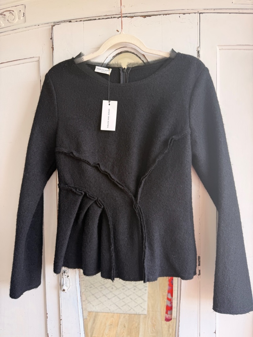 Dries Van Noten Black Textured Raw-Edge Long Sleeve Top